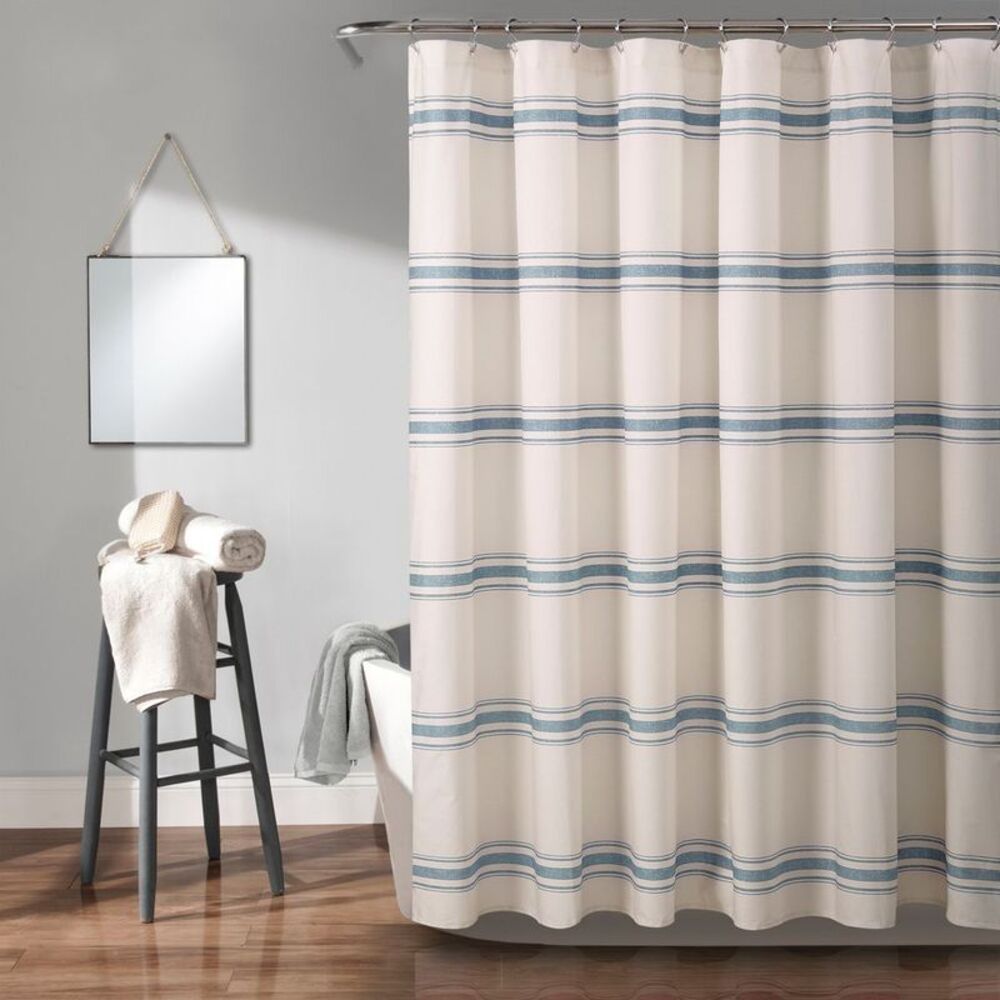 Farmhouse Striped Shower Curtain - Blue 100% Cotton